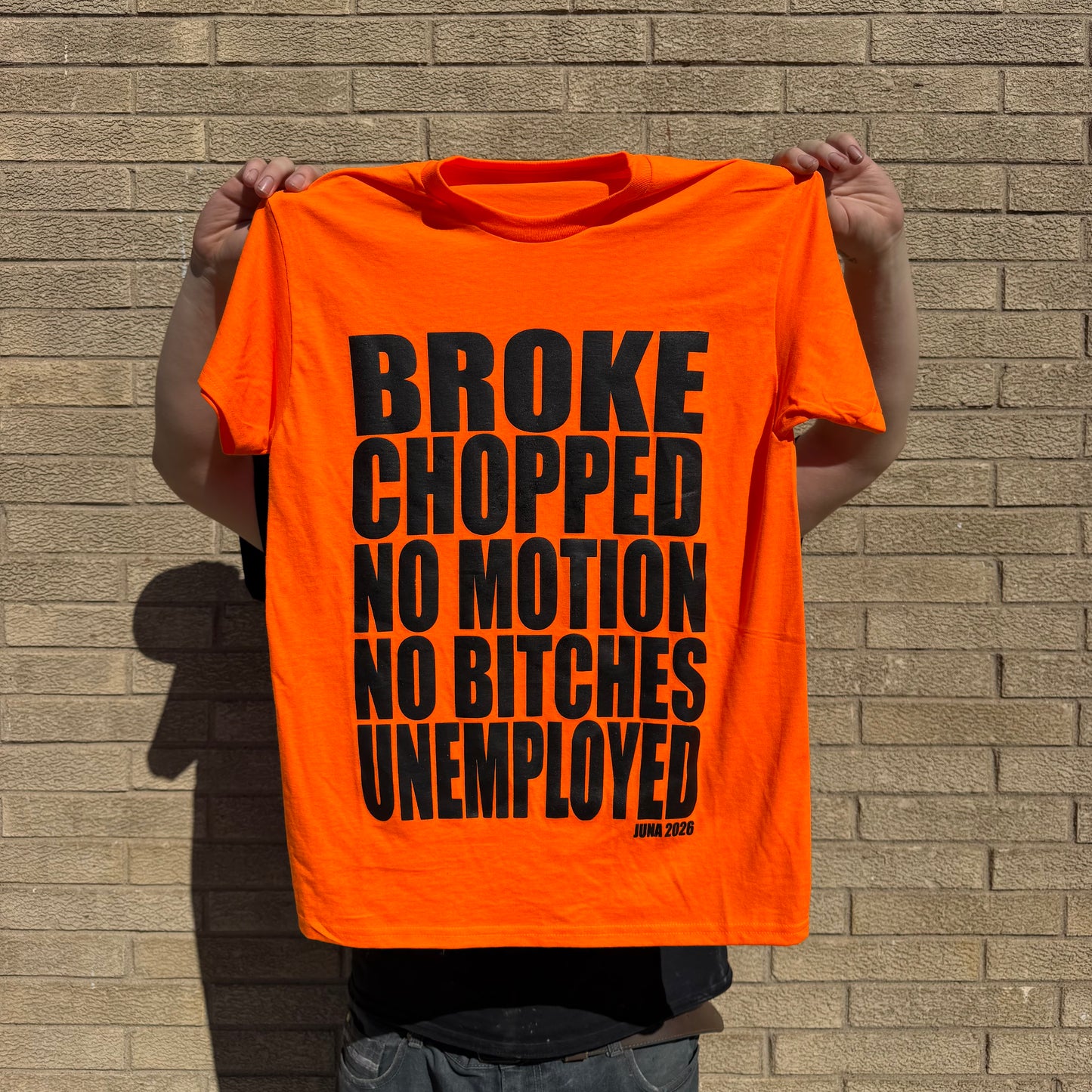 BROKE, CHOPPED, NO MOTION, NO BITCHES, UNEMPLOYED T-Shirt Pumpkin Orange
