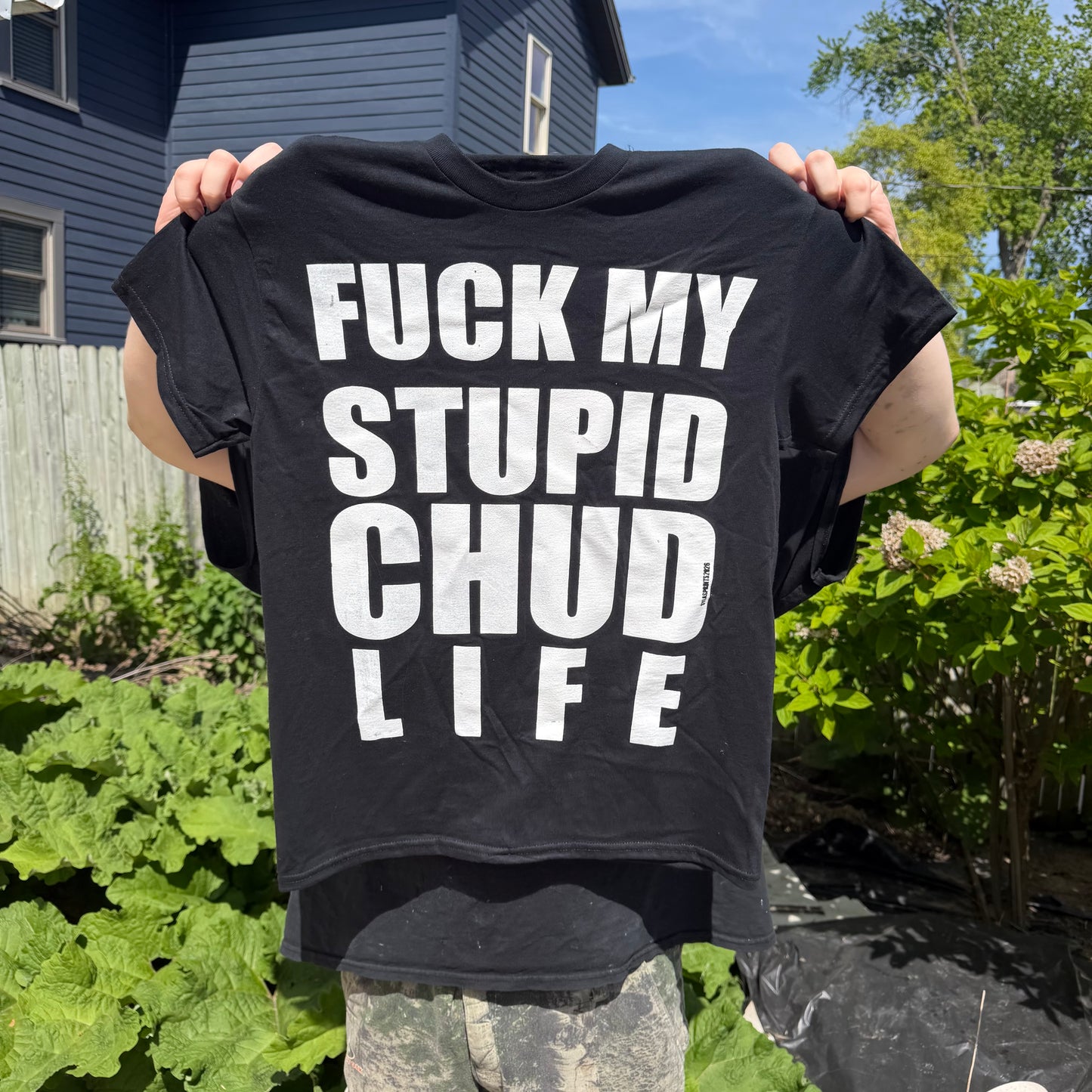FUCK MY STUPID CHUD LIFE And I Have A Gun T-Shirt Black SYLAS PRINTS X JUNA THRIFTS