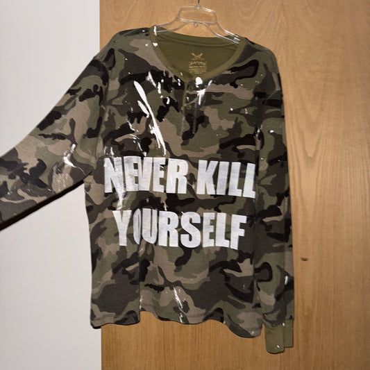 NEVER KILL YOURSELF 1/1 Camo Long Sleeve T-Shirt (XXL)