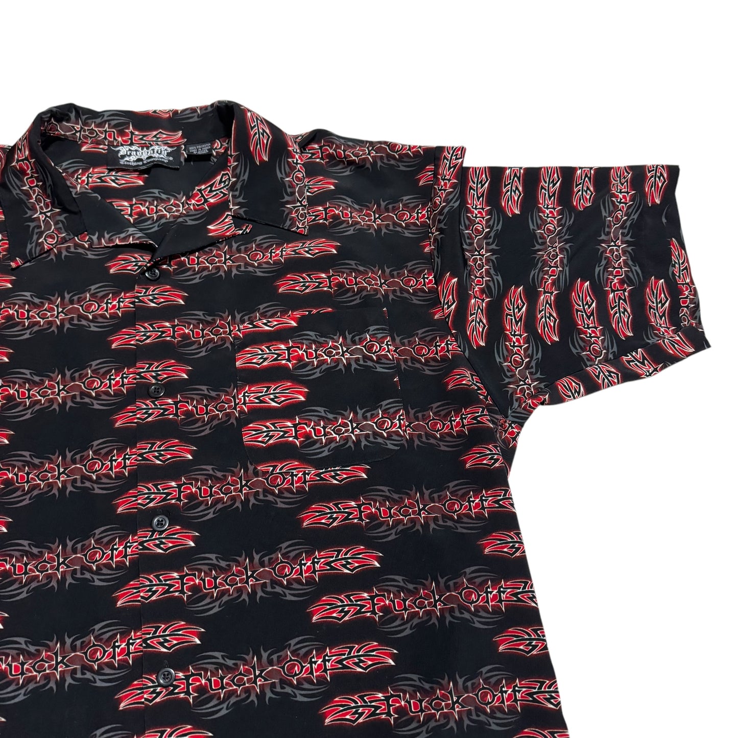 Fuck Off Tribal Button Up T-Shirt 2000s (XXL)