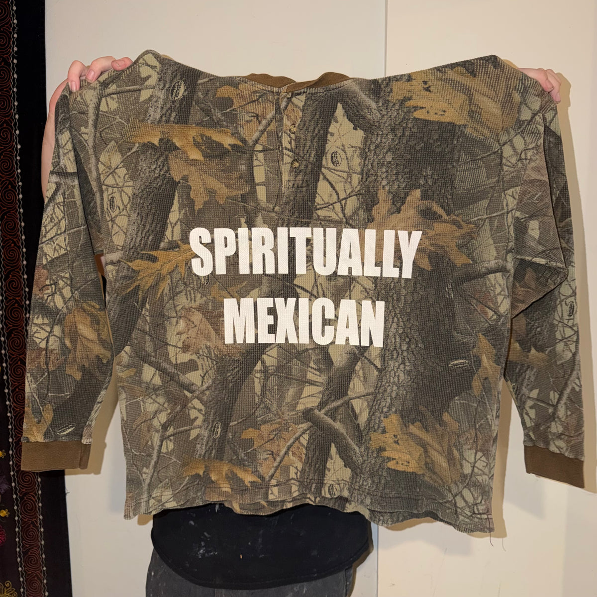 Spiritually Mexican Camo Long Sleeve Waffle Knit T-Shirt (XL)