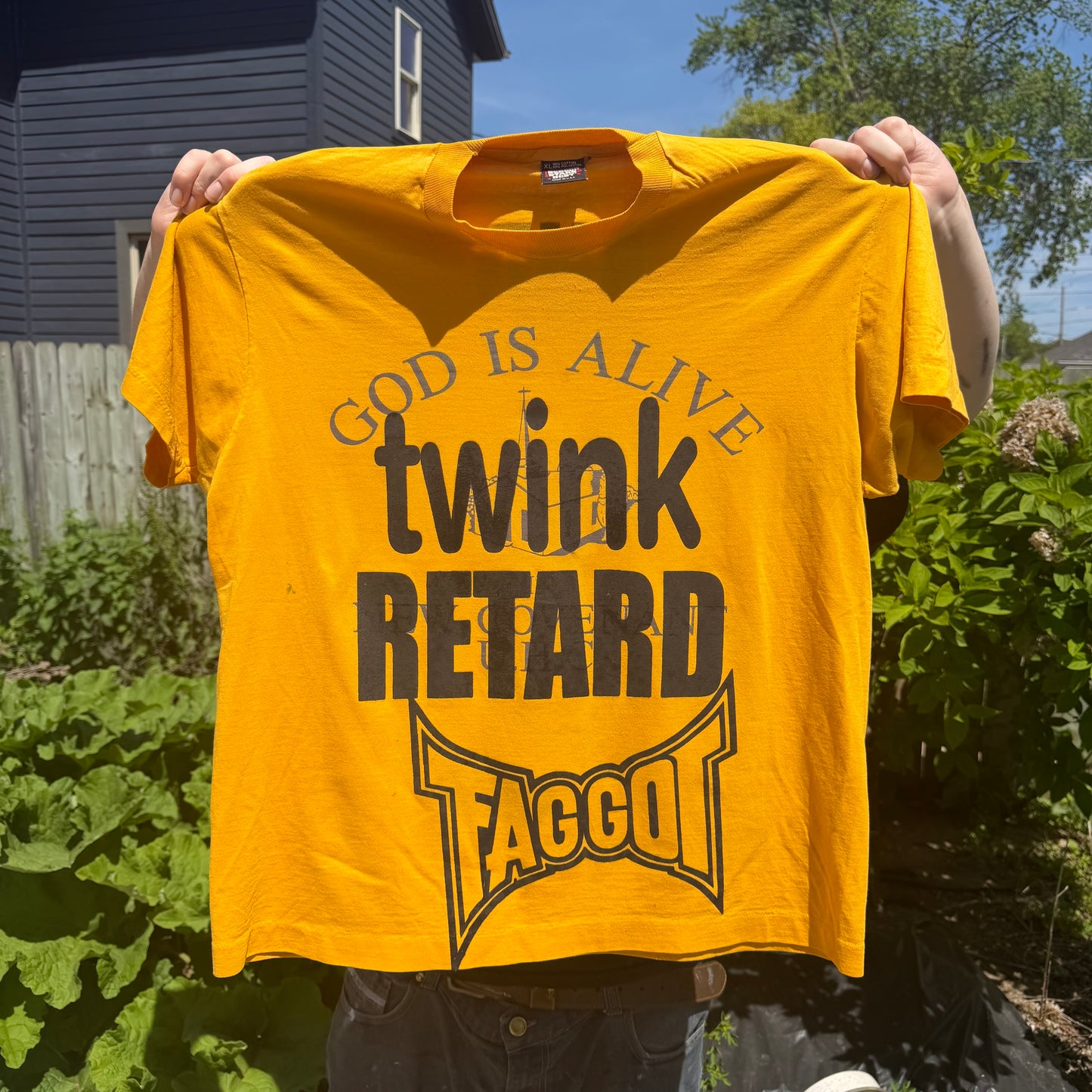 Twink Retard Faggot 1/1 T-Shirt (XL) HARDCORE THOUGHTS X JUNA THRIFTS