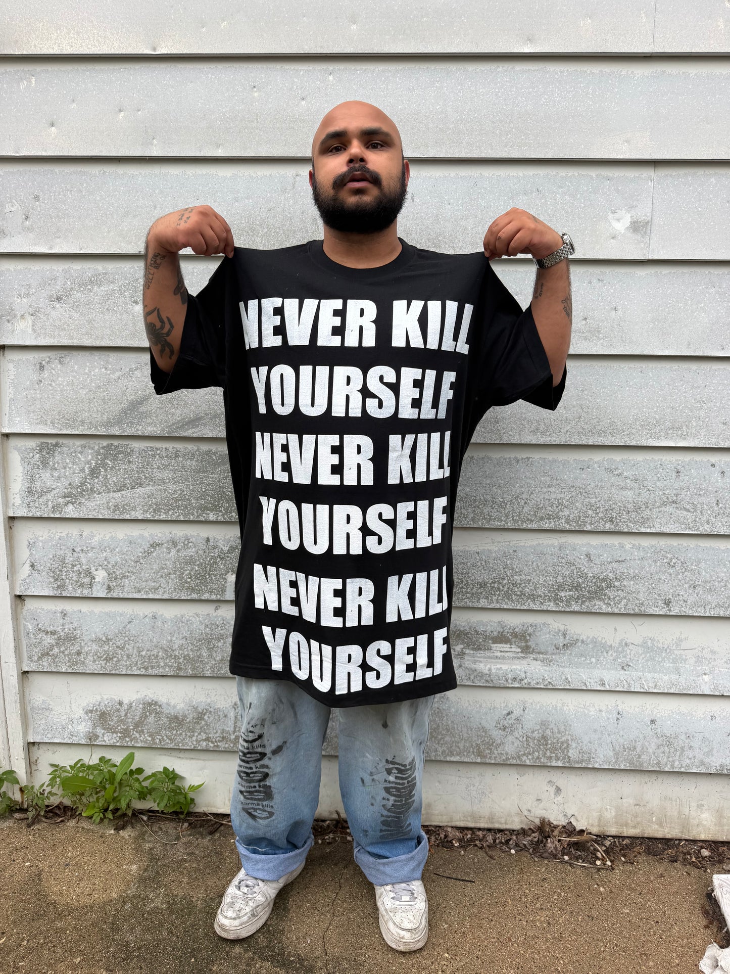 NEVER KILL YOURSELF Repeating Print Tall T-Shirt (ONE SIZE FITS MOST)
