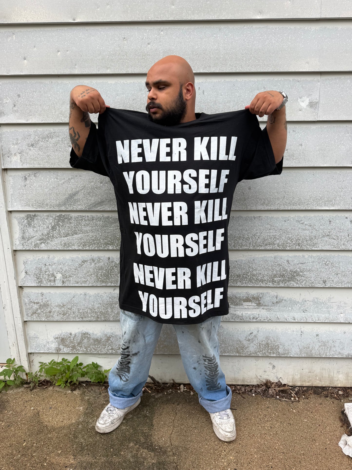 NEVER KILL YOURSELF Repeating Print Tall T-Shirt (ONE SIZE FITS MOST)