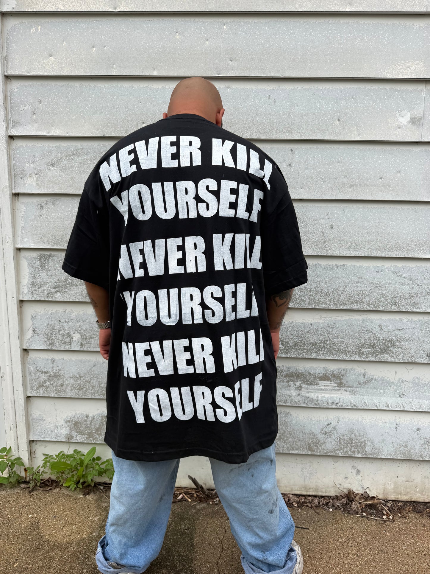 NEVER KILL YOURSELF Repeating Print Tall T-Shirt (ONE SIZE FITS MOST)