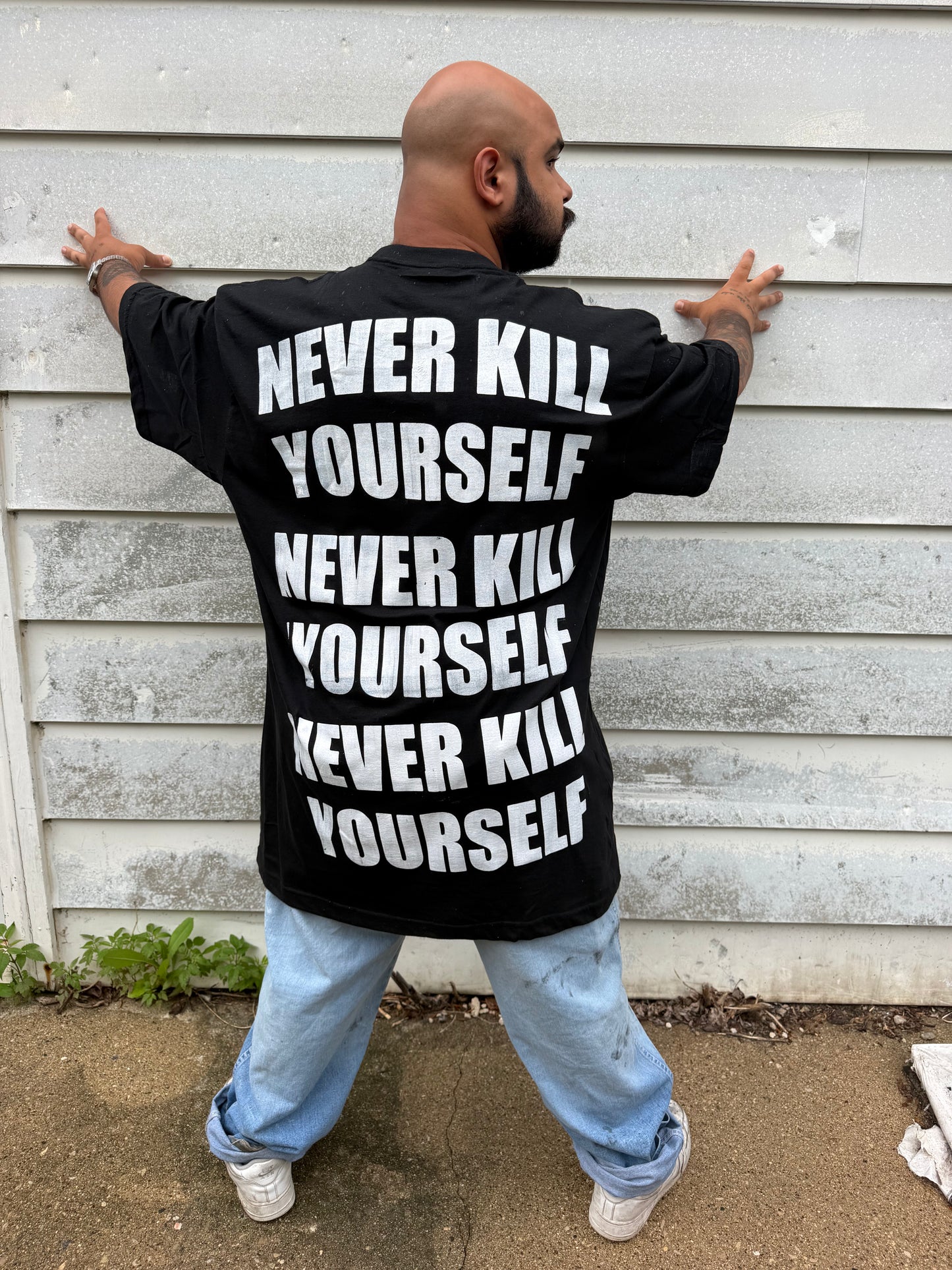NEVER KILL YOURSELF Repeating Print Tall T-Shirt (ONE SIZE FITS MOST)
